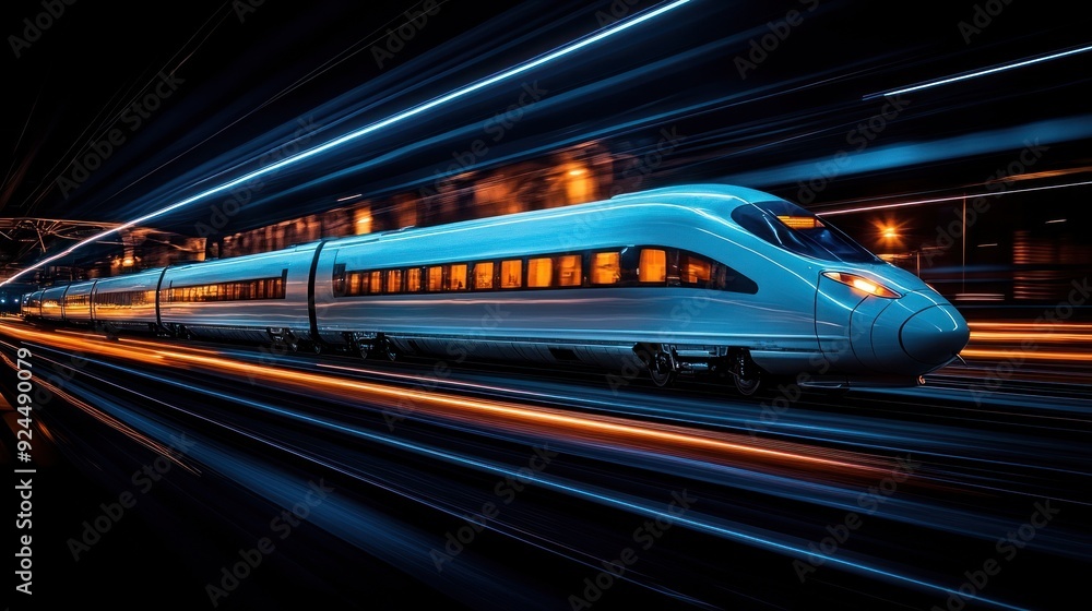 Futuristic high-speed train moving in city at night Futuristic high-speed train moving in city at night