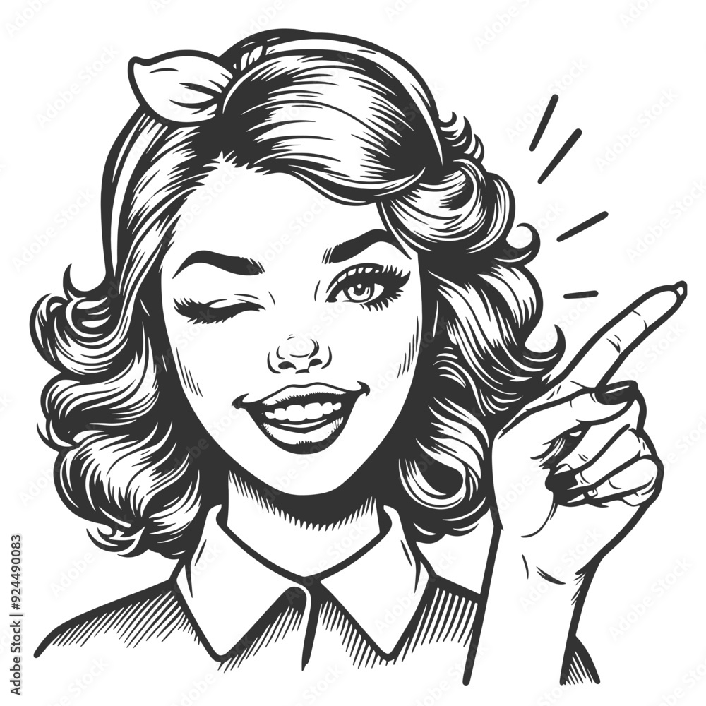 pin-up girl playful wink and cheerful expression, pointing forward sketch engraving generative ai fictional character vector illustration. Scratch board imitation. Black and white image. pin-up girl playful wink and cheerful expression, pointing forward sketch engraving generative ai fictional character vector illustration. Scratch board imitation. Black and white image.