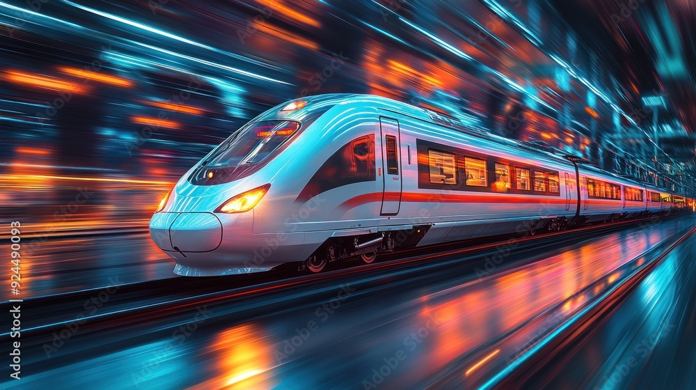Dynamic bullet train racing through nocturnal city lights Dynamic bullet train racing through nocturnal city lights