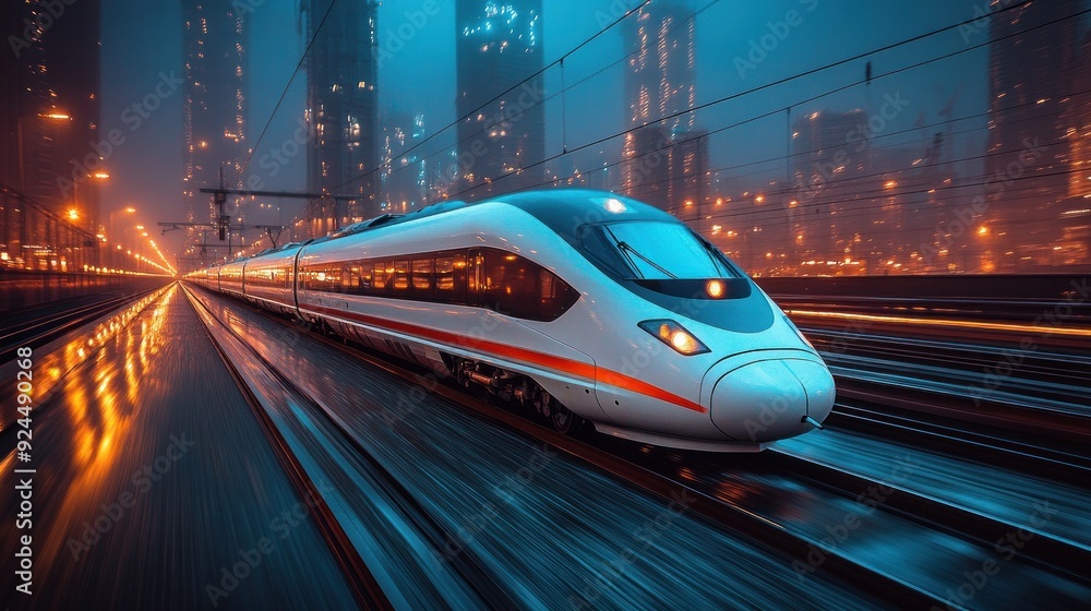 Modern bullet train speeding through vibrant urban night Modern bullet train speeding through vibrant urban night