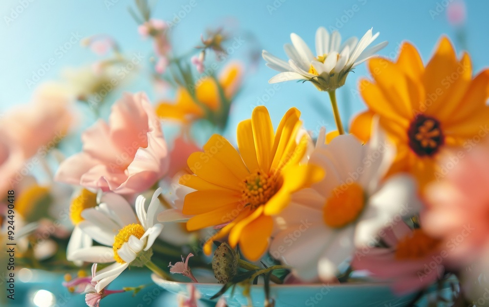 Fototapeta premium Close Up of Sophisticated Midday Tea Party Centerpiece with Pastel Floral Arrangement, Elegant Teacups and Saucers in Soft Natural Lighting