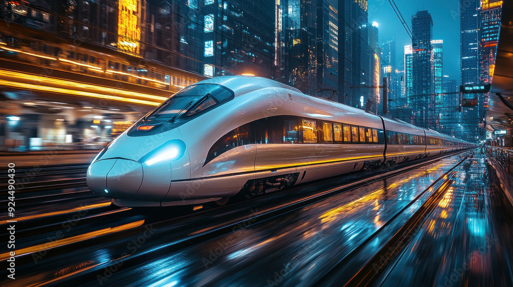 A futuristic train swiftly moving through urban scenery A futuristic train swiftly moving through urban scenery