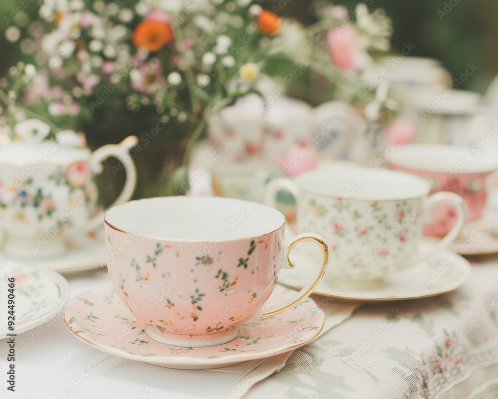 Elegant Afternoon Tea Setting with Fine China and Floral Designs in Natural Light Elegant Afternoon Tea Setting with Fine China and Floral Designs in Natural Light