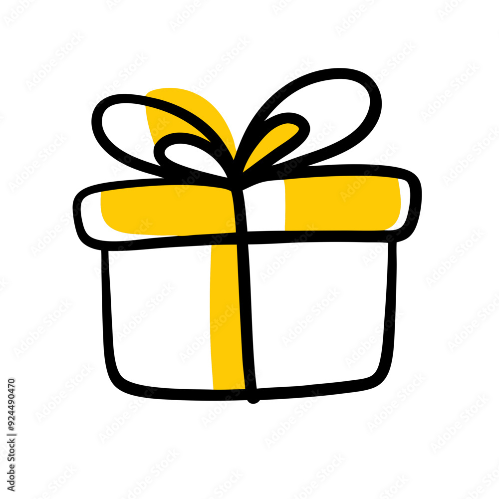 A gift box with a yellow ribbon and bow is depicted using bold black outlines A gift box with a yellow ribbon and bow is depicted using bold black outlines
