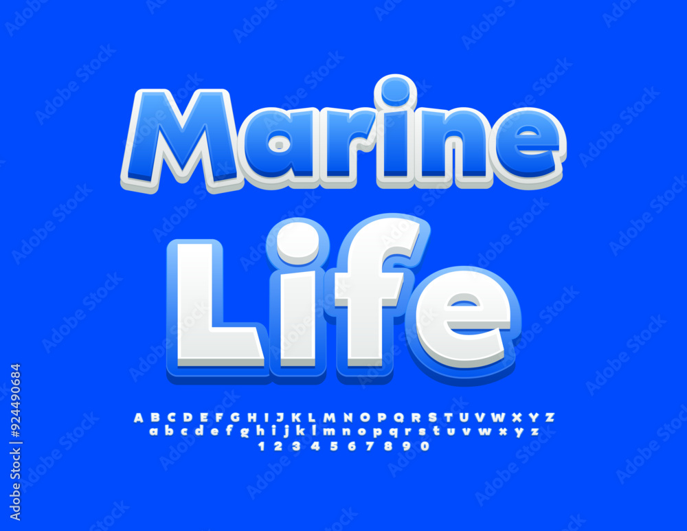 Vector touristic sign Marine Life. White and Blue Bright Font. Modern Alphabet Letters and Numbers set. Vector touristic sign Marine Life. White and Blue Bright Font. Modern Alphabet Letters and Numbers set.