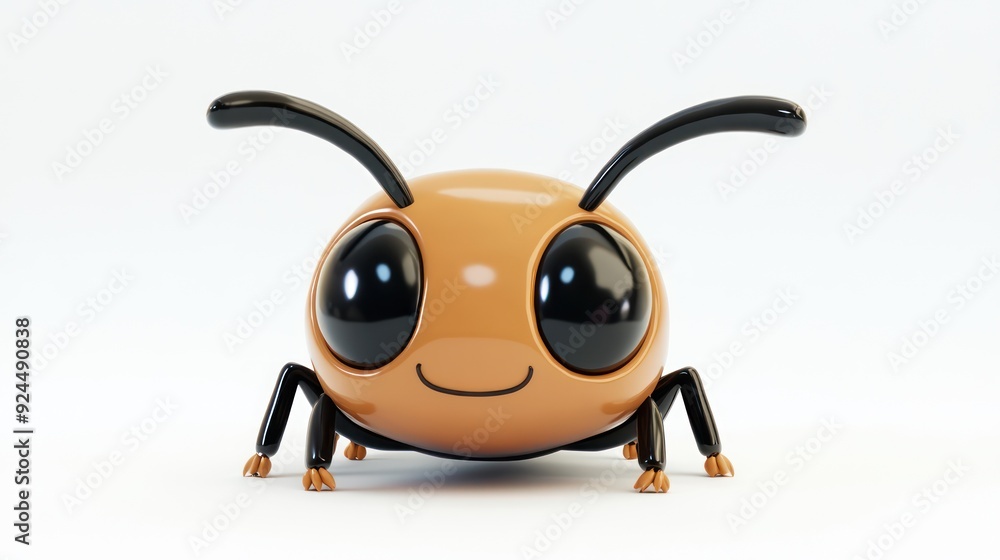 Close-up of a Cute Smiling Cartoon Ant with Big Glossy Eyes and Brown Body on a White Background Close-up of a Cute Smiling Cartoon Ant with Big Glossy Eyes and Brown Body on a White Background