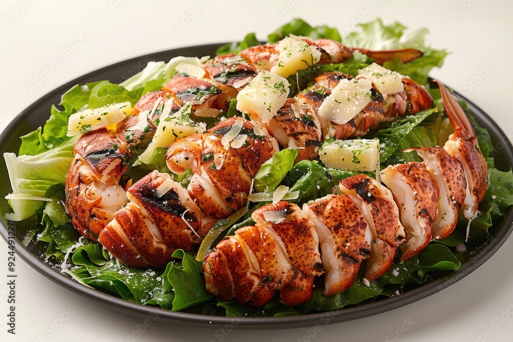 A beautifully arranged platter of lobster served on a bed of fresh greens. A beautifully arranged platter of lobster served on a bed of fresh greens.
