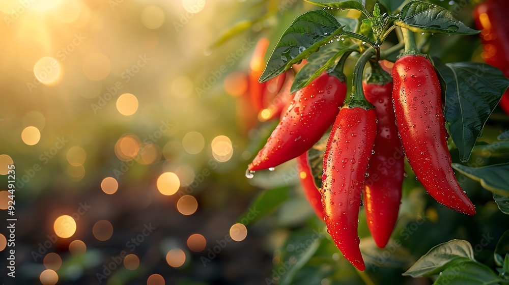 Closeup of vibrant red chili peppers hanging from a plant, with a bokeh background, emphasizing their freshness Closeup of vibrant red chili peppers hanging from a plant, with a bokeh background, emphasizing their freshness
