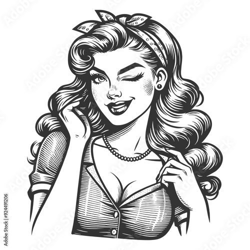 pin-up girl with a playful wink and flirty smile, exuding classic charm sketch engraving generative ai fictional character vector illustration. Scratch board imitation. Black and white image.