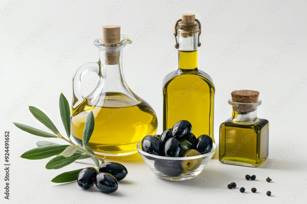 Stylish bottles with fresh olive oil and black olives on a white background. Perfect for kitchen and culinary themes. Excellent for advertising. Generative AI Stylish bottles with fresh olive oil and black olives on a white background. Perfect for kitchen and culinary themes. Excellent for advertising. Generative AI