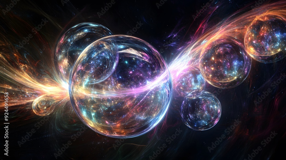 52. A dynamic arrangement of radiant orbs and flowing light trails in a dark, cosmic backdrop 52. A dynamic arrangement of radiant orbs and flowing light trails in a dark, cosmic backdrop