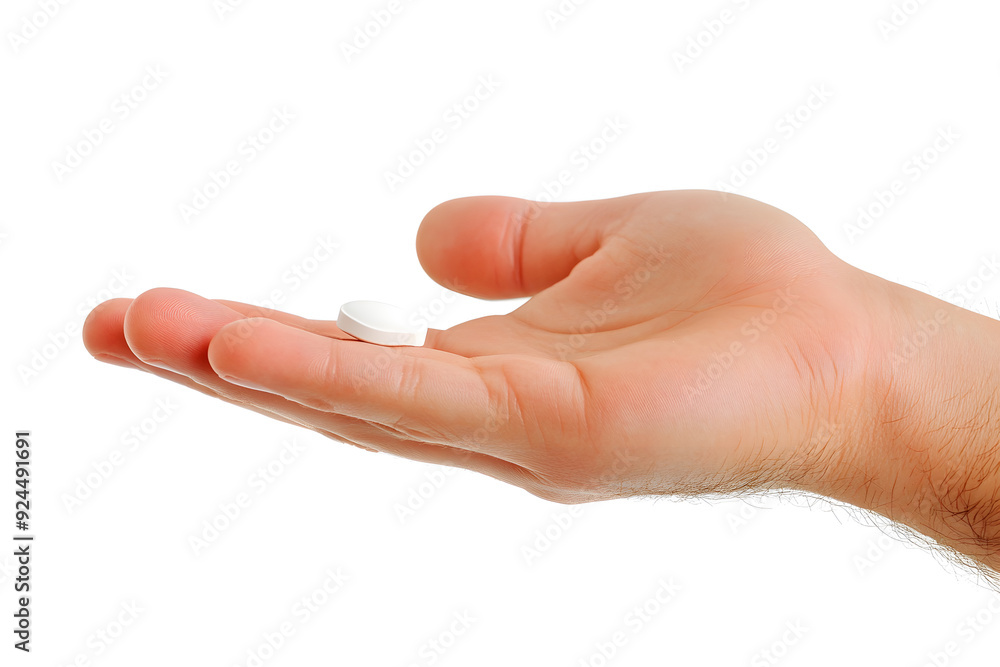 Close-up of a hand holding a single white pill isolated on white background Close-up of a hand holding a single white pill isolated on white background