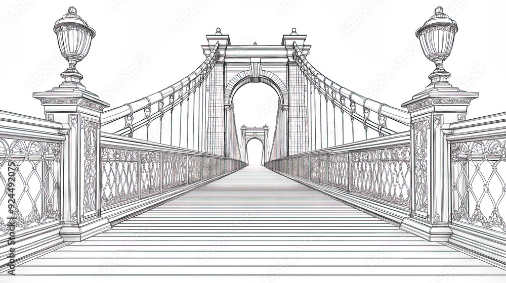 Perspective line drawing of a bridge with ornate lamps and railings extending towards the opposite end Perspective line drawing of a bridge with ornate lamps and railings extending towards the opposite end