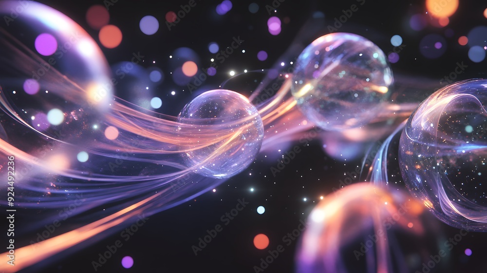 58. Floating, translucent orbs with radiant trails of light weaving through a dark, starry void 58. Floating, translucent orbs with radiant trails of light weaving through a dark, starry void