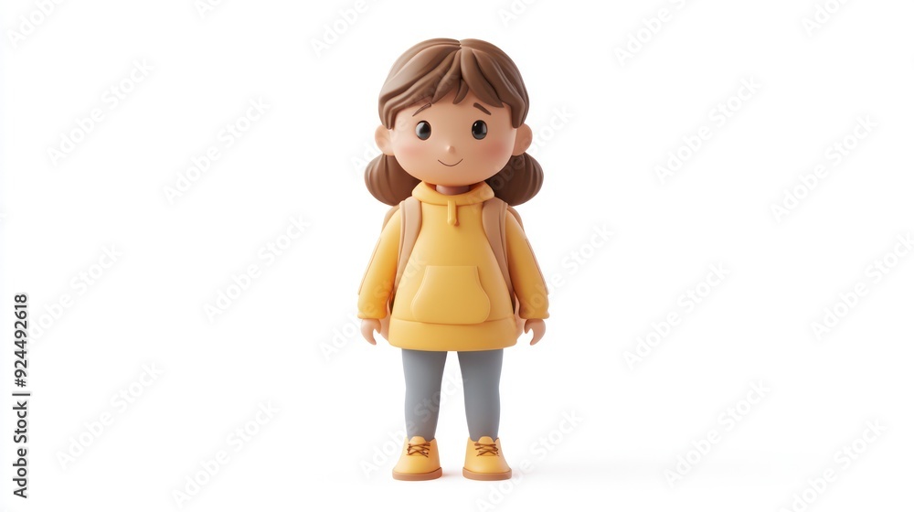 Cute Illustration of a Girl in Yellow Hoodie and Backpack Standing Tall with a Smile Cute Illustration of a Girl in Yellow Hoodie and Backpack Standing Tall with a Smile