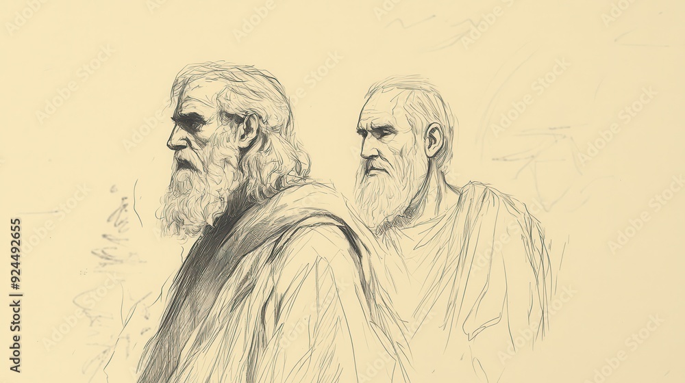 Obraz premium Joshua's Commission: Joshua standing before Moses, a biblical illustration of leadership transition, Beige Background