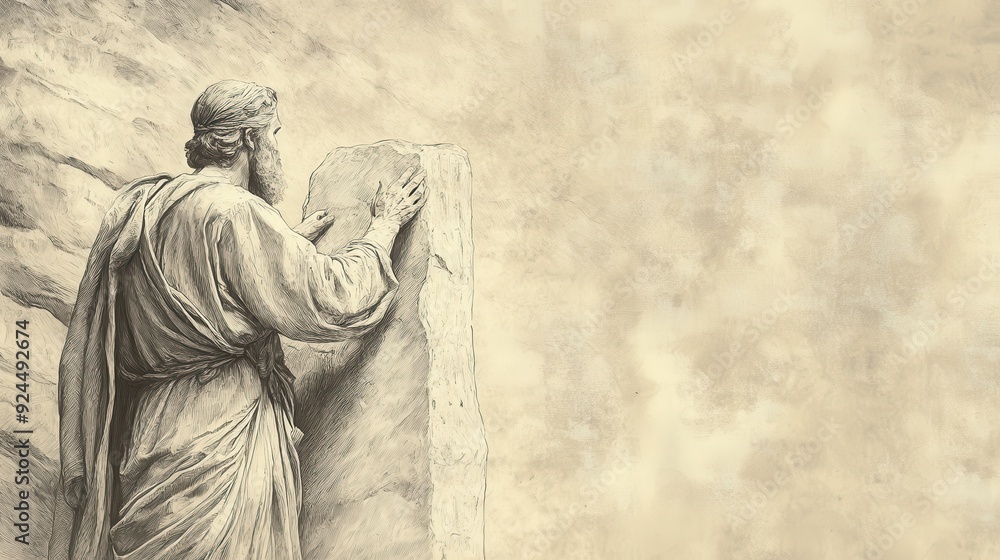 Fototapeta premium The Covenant Renewed at Shechem: Joshua inscribing covenant terms on a large stone, a witness to their promise, biblical illustration, Beige Background