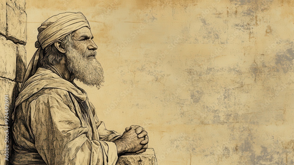 Fototapeta premium The Covenant Renewed at Shechem: Joshua reminding people of God's faithfulness and covenant with ancestors, biblical illustration, Beige Background