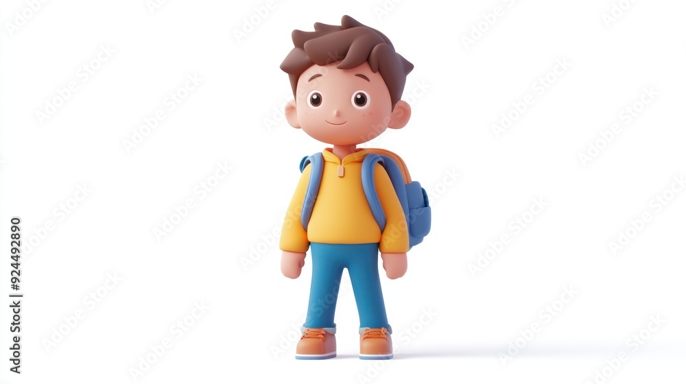 Cute Animated Boy with Backpack in Yellow Hoodie and Blue Pants on a White Background Cute Animated Boy with Backpack in Yellow Hoodie and Blue Pants on a White Background