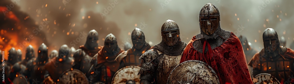 Medieval soldiers in armor, holding shields, ready for battle Medieval soldiers in armor, holding shields, ready for battle