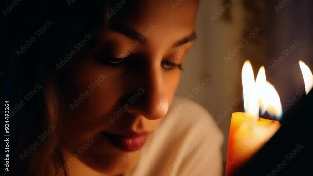 Young woman prays in a church, holding a candle, her face illuminated by its warm glow, evoking hope and tranquility Young woman prays in a church, holding a candle, her face illuminated by its warm glow, evoking hope and tranquility
