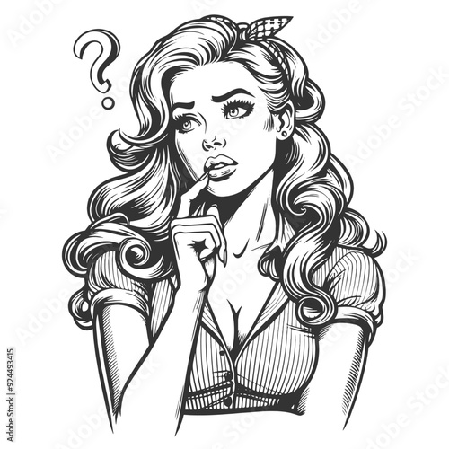 woman with dilemma confusion or uncertainty, question mark above her head sketch engraving generative ai fictional character vector illustration. Scratch board imitation. Black and white image.