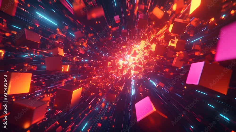 Fototapeta premium 66. A vibrant, dynamic array of geometric shapes and glowing particles forming a futuristic background