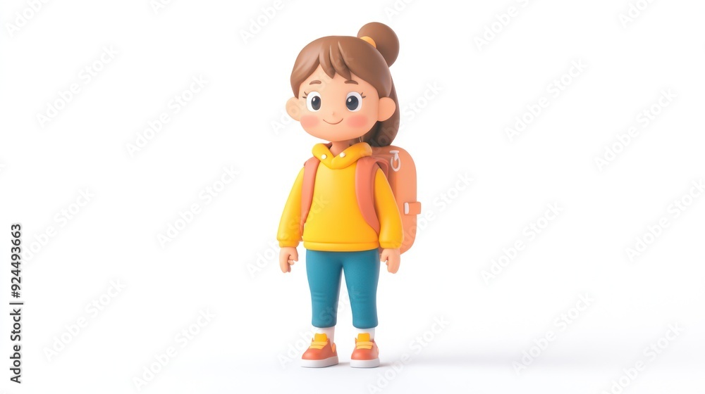 Cute Cartoon Girl with Backpack in Bright Outfit Isolated on White Background Cute Cartoon Girl with Backpack in Bright Outfit Isolated on White Background