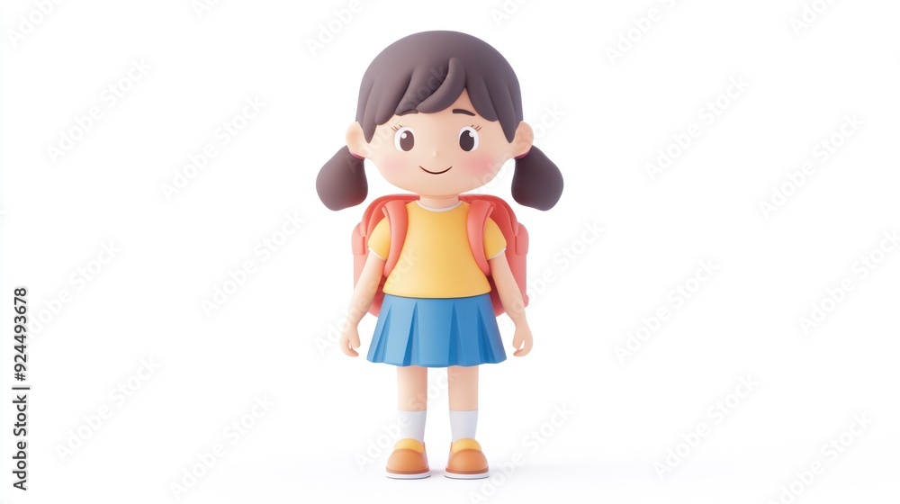 Cute Cartoon Girl with Backpack in Minimalist Style with Bright Colors on White Background Cute Cartoon Girl with Backpack in Minimalist Style with Bright Colors on White Background