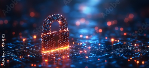 Secure digital network, glowing lock, blue background, cybersecurity concept photo