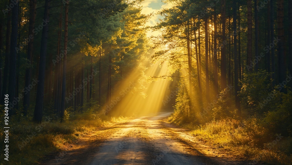 Fototapeta premium A Beautiful Golden Pathway Through a Sunlit Forest, Where Rays of Light Capture the Enchantment of Nature and Invite a Journey into the Tranquility of the Wild.