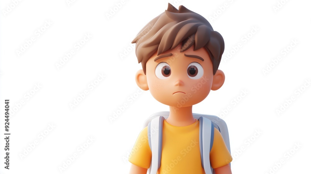 Animated Character Boy with Backpack in Yellow Shirt Looking Concerned Animated Character Boy with Backpack in Yellow Shirt Looking Concerned