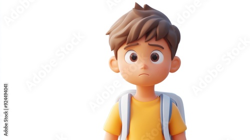 Animated Character Boy with Backpack in Yellow Shirt Looking Concerned