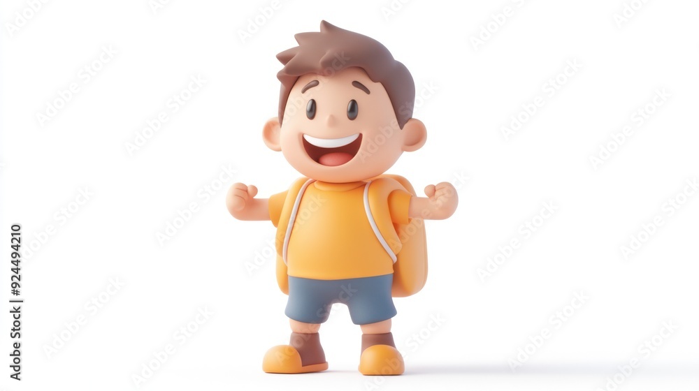 Obraz premium Happy Cartoon Child Ready for Adventure with Backpack on White Background