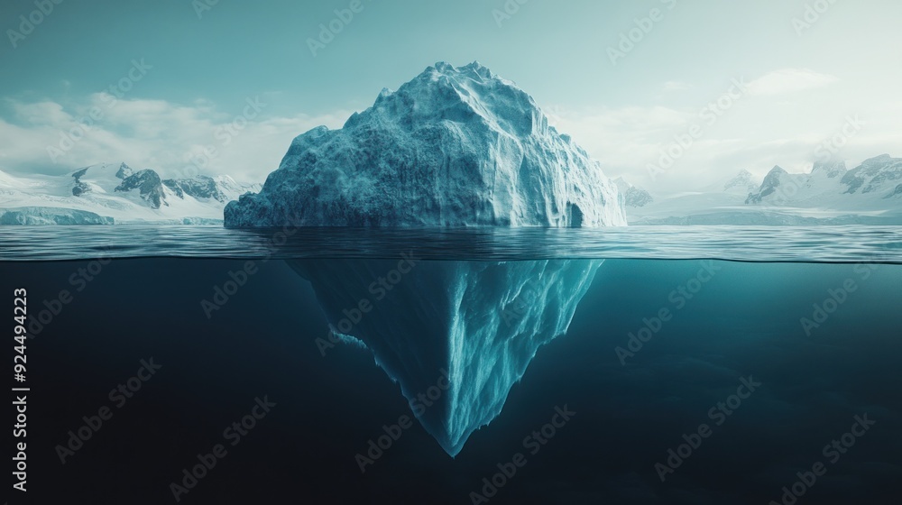 Deep submerged iceberg with expansive blue backdrop Deep submerged iceberg with expansive blue backdrop