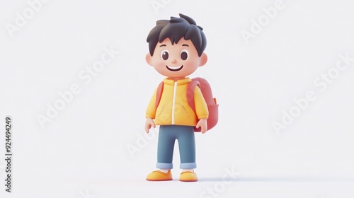 Cheerful animated child with backpack in colorful clothes standing on white background