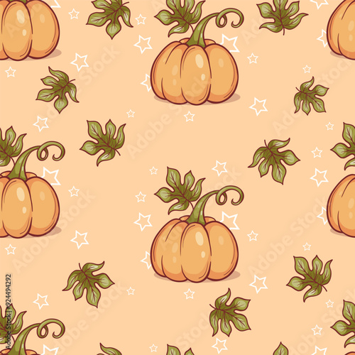 Seamless pattern with autumn orange pumpkin with leaves light yellow background. Vector autumnal illustration for design, packaging, wallpaper, textile