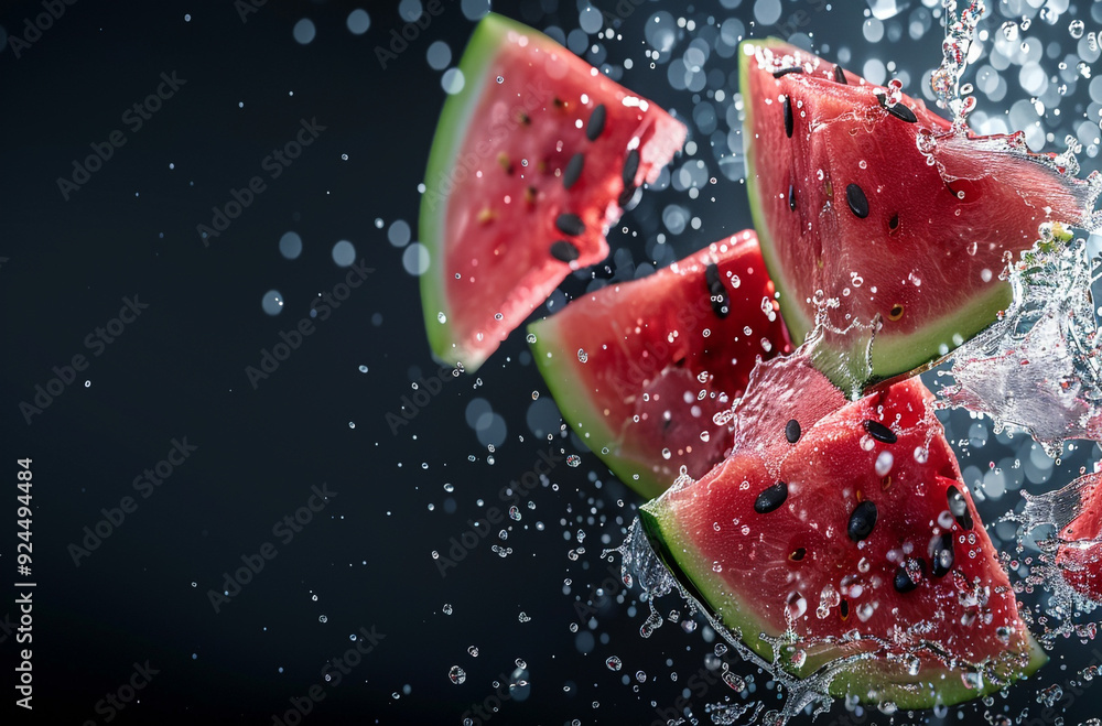 Watermelon flying in the air with splashes of water isolated on dark background Watermelon flying in the air with splashes of water isolated on dark background