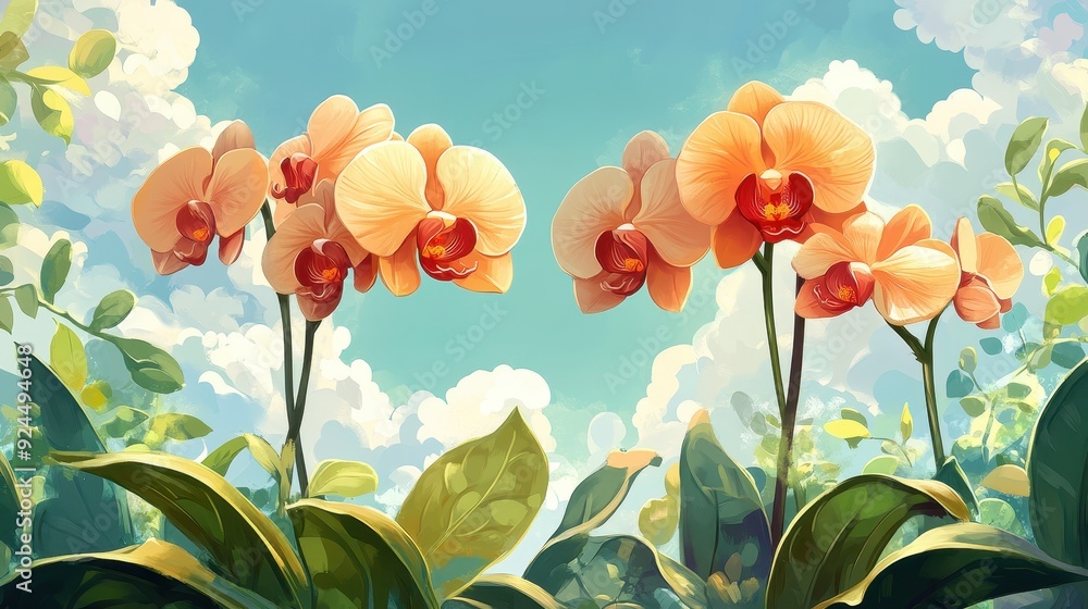 Obraz premium Beautiful Orange Orchids in Bloom Against a Vibrant Blue Sky with Lush Green Foliage and Fluffy White Clouds