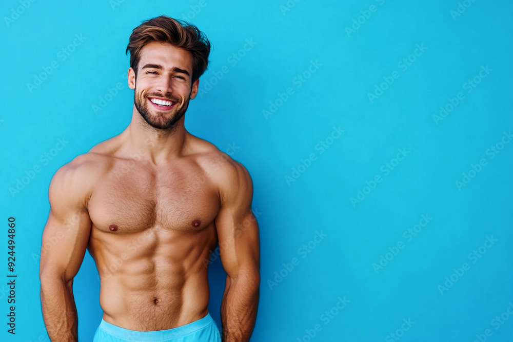 Fototapeta premium Happy smiling fit sporty shirtless man isolated on blue background.