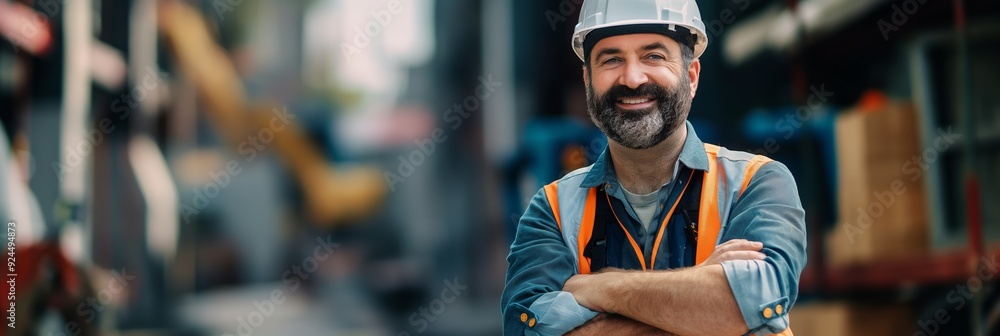 A construction worker in safety gear, smiling confidently with arms crossed on a construction site, symbolizing hard work and satisfaction. A construction worker in safety gear, smiling confidently with arms crossed on a construction site, symbolizing hard work and satisfaction.
