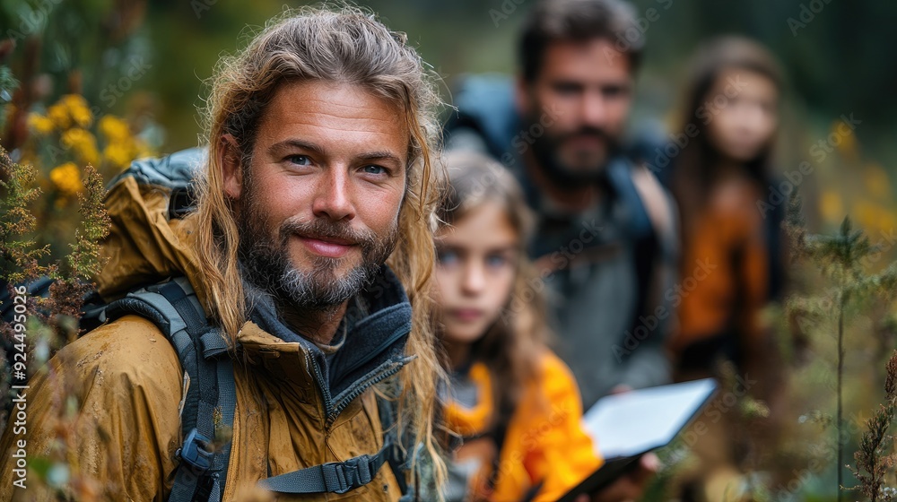 Fototapeta premium dedicated teachers teaching young students about forest ecosystem during biology field class observing wild plants taking notes during outdoor active education