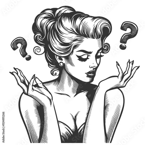 woman with dilemma confusion or uncertainty, question mark above her head sketch engraving generative ai fictional character vector illustration. Scratch board imitation. Black and white image.