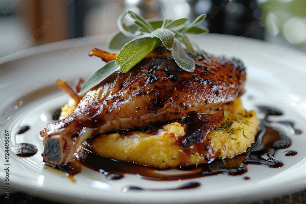 A beautifully plated dish featuring roasted duck on polenta with a drizzle of sauce and herbs. A beautifully plated dish featuring roasted duck on polenta with a drizzle of sauce and herbs.