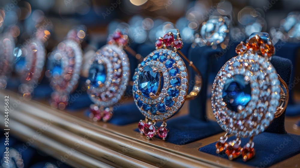 Exquisite blue gemstone rings displayed elegantly in a luxurious jewelry showcase. Generative AI Exquisite blue gemstone rings displayed elegantly in a luxurious jewelry showcase. Generative AI