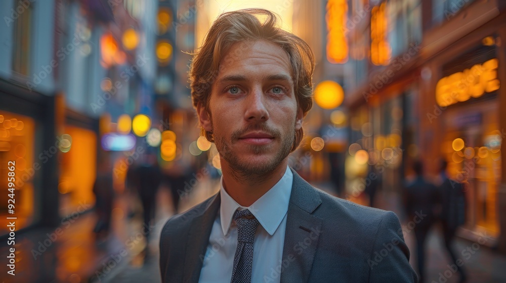 Elegant man in a tailored suit walking through a vibrant city street during twilight, surrounded by soft glowing lights. Generative AI Elegant man in a tailored suit walking through a vibrant city street during twilight, surrounded by soft glowing lights. Generative AI
