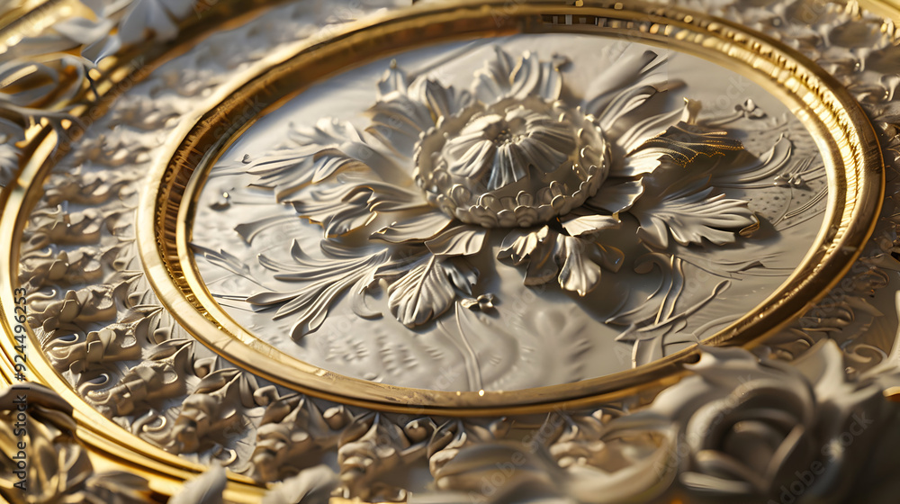 Close-up of intricate white floral design framed in gold. Close-up of intricate white floral design framed in gold.
