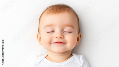 A joyful baby smiling peacefully with closed eyes, radiating happiness and innocence. Perfect for family and child themes.