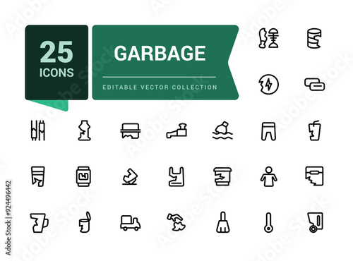 Garbage disposal icon set. Waste sorting. Pixel perfect, minimalistic outline icons collection. Editable vector illustration.