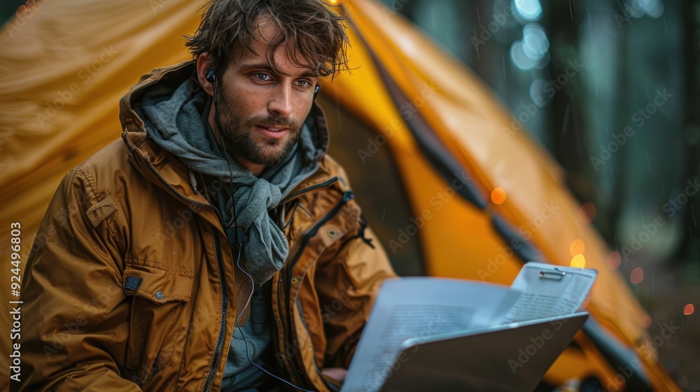A solo camper in a warm jacket using a laptop near a glowing tent in a serene forest during twilight. Generative AI A solo camper in a warm jacket using a laptop near a glowing tent in a serene forest during twilight. Generative AI